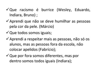Que racismo é burrice (Wesley, Eduardo, Indiara, Bruno) ; Aprendi que não se deve humilhar as pessoas pela cor da pele. (Márcio) Que todos somos iguais; Aprendi a respeitar mais as pessoas, não só os alunos, mas as pessoas fora da escola, não colocar apelidos (Fabrício); Que por fora somos diferentes, mas por dentro somos todos iguais (Indiara); 