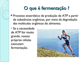 O que é fermentação ?
Processo

anaeróbico de produção de ATP a partir
de substâncias orgânicas, por meio da degradação
das moléculas orgânicas do alimento;

• Se a necessidade
de ATP for muito
grande, nossas
próprias células
executam
fermentação.

 