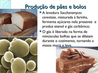 Produção de pães e bolos
A

levedura Saccharomyces
cerevisiae, misturada à farinha,
fermenta açúcares nela presente e
produz etanol e gás carbônico;
O gás é liberado na forma de
minúsculas bolhas que se dilatam
durante o cozimento, tornando a
massa macia e leve.

 