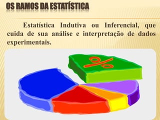 OS RAMOS DA ESTATÍSTICA
Estatística Indutiva ou Inferencial, que
cuida de sua análise e interpretação de dados
experimentais.
 