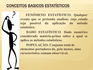 CONCEITOS BASICOS ESTATÍSTICOS
FENÔMENO ESTATÍSTICO: Qualquer
evento que se pretenda analisar, cujo estudo
seja possível da aplicação do método
estatístico.
DADO ESTATÍSTICO: Dado numérico
considerado matéria-prima sobre a qual se
aplica os métodos estatísticos.
POPULAÇÃO: Conjunto total de
elementos portadores de, pelo menos, uma
característica comum observável.
 