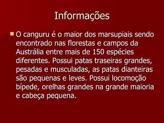 Informações O canguru é o maior dos marsupiais sendo encontrado nas florestas e campos da Austrália entre mais de 150 espécies diferentes. Possui patas traseiras grandes, pesadas e musculadas, as patas dianteiras são pequenas e leves. Possui locomoção bípede, orelhas grandes na grande maioria e cabeça pequena.  