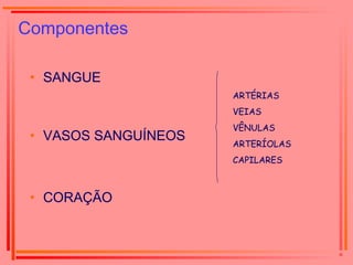 Componentes
• SANGUE
• VASOS SANGUÍNEOS
• CORAÇÃO
ARTÉRIAS
VEIAS
VÊNULAS
ARTERÍOLAS
CAPILARES
 