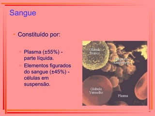 Sangue
• Constituído por:
○ Plasma (±55%) -
parte líquida.
○ Elementos figurados
do sangue (±45%) -
células em
suspensão.
 
