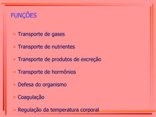 FUNÇÕES Transporte de gases Transporte de nutrientes Transporte de produtos de excreção Transporte de hormônios Defesa do organismo Coagulação Regulação da temperatura corporal 
