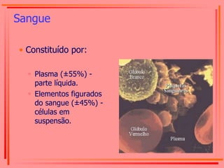 Sangue Constituído por: Plasma (±55%) - parte líquida. Elementos figurados do sangue (±45%) - células em suspensão. 