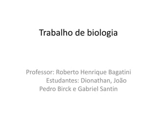 Trabalho de biologia  Professor: Roberto Henrique Bagatini	Estudantes: Dionathan, João Pedro Birck e Gabriel Santin 