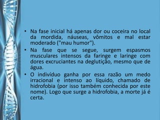• Na fase inicial há apenas dor ou coceira no local
  da mordida, náuseas, vômitos e mal estar
  moderado ("mau humor").
• Na fase que se segue, surgem espasmos
  musculares intensos da faringe e laringe com
  dores excruciantes na deglutição, mesmo que de
  água.
• O indivíduo ganha por essa razão um medo
  irracional e intenso ao líquido, chamado de
  hidrofobia (por isso também conhecida por este
  nome). Logo que surge a hidrofobia, a morte já é
  certa.
 