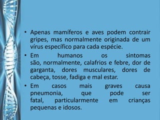 • Apenas mamíferos e aves podem contrair
  gripes, mas normalmente originada de um
  vírus específico para cada espécie.
• Em        humanos          os       sintomas
  são, normalmente, calafrios e febre, dor de
  garganta, dores musculares, dores de
  cabeça, tosse, fadiga e mal estar.
• Em      casos      mais     graves      causa
  pneumonia,          que       pode        ser
  fatal,   particularmente      em     crianças
  pequenas e idosos.
 