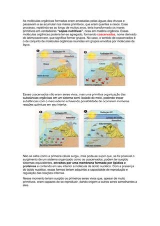 As moléculas orgânicas formadas eram arrastadas pelas águas das chuvas e
passavam a se acumular nos mares primitivos, que eram quentes e rasos. Esse
processo, repetindo-se ao longo de muitos anos, teria transformado os mares
primitivos em verdadeiras “sopas nutritivas”, ricas em matéria orgânica. Essas
moléculas orgânicas poderia ter-se agregado, formando coacervados, nome derivado
do latimcoacervare, que significa formar grupos. No caso, o sentido de coacervados é
o de conjunto de moléculas orgânicas reunidas em grupos envoltos por moléculas de
água.




Esses coacervados não eram seres vivos, mas uma primitiva organização das
substâncias orgânicas em um sistema semi-isolado do meio, podendo trocar
substâncias com o meio externo e havendo possibilidade de ocorrerem inúmeras
reações químicas em seu interior.




Não se sabe como a primeira célula surgiu, mas pode-se supor que, se foi possível o
surgimento de um sistema organizado como os coacervados, podem ter surgido
sistemas equivalentes, envoltos por uma membrana formada por lipídios e
proteínas e contendo em seu interior a molécula de ácido nucléico. Com a presença
do ácido nucléico, essas formas teriam adquirido a capacidade de reprodução e
regulação das reações internas.
Nesse momento teriam surgido os primeiros seres vivos que, apesar de muito
primitivos, eram capazes de se reproduzir, dando origem a outros seres semelhantes a
eles.
 