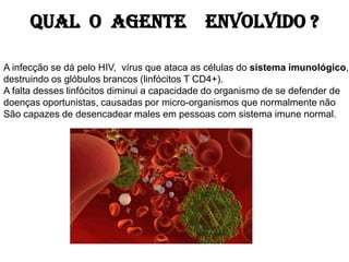 Qual o agente envolvido ?
A infecção se dá pelo HIV, vírus que ataca as células do sistema imunológico,
destruindo os glóbulos brancos (linfócitos T CD4+).
A falta desses linfócitos diminui a capacidade do organismo de se defender de
doenças oportunistas, causadas por micro-organismos que normalmente não
São capazes de desencadear males em pessoas com sistema imune normal.
 