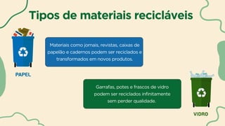 Tipos de materiais recicláveis
Materiais como jornais, revistas, caixas de
papelão e cadernos podem ser reciclados e
transformados em novos produtos.
Garrafas, potes e frascos de vidro
podem ser reciclados infinitamente
sem perder qualidade.
 