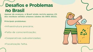 Desafios e Problemas
no Brasil
Apesar de avanços, o Brasil ainda recicla apenas 4%
dos resíduos sólidos urbanos (dados do SNIS 2022).
Principais problemas:
-Infraestrutura precária;
-Falta de conscientização;
-Cooperativas subvalorizadas;
-Fiscalização falha.
 
