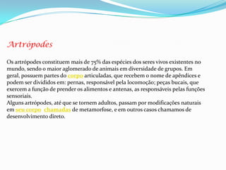 Artrópodes
Os artrópodes constituem mais de 75% das espécies dos seres vivos existentes no
mundo, sendo o maior aglomerado de animais em diversidade de grupos. Em
geral, possuem partes do corpo articuladas, que recebem o nome de apêndices e
podem ser divididos em: pernas, responsável pela locomoção; peças bucais, que
exercem a função de prender os alimentos e antenas, as responsáveis pelas funções
sensoriais.
Alguns artrópodes, até que se tornem adultos, passam por modificações naturais
em seu corpo chamadas de metamorfose, e em outros casos chamamos de
desenvolvimento direto.
 