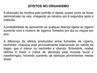 EFEITOS NO ORGANISMO
A absorção da nicotina pelo pulmão é rápida, quase como se fosse
administrada na veia, chegando ao cérebro em 8 segundos após a
inalacão.
A probabilidade de apresentar-se qualquer doença ligada ao cigarro
aumenta com o número de cigarros fumados por dia ou maços por
ano.
A diferença de efeitos produzidos entre fumantes de cigarro,
cachimbo, charutos está provavelmente relacionada ao hábito de
tragar, que é menor no cachimbo e charuto. Entretanto, nestes
últimos é maior o índice de absorção pela mucosa bucal e
nasofaríngea, havendo aumento de doenças provenientes nestas
áreas.
 
