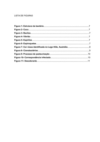 LISTA DE FIGURAS

Figura 1- Estrutura da bactéria.................................................................................7
Figura 2- Coco............................................................................................................7
Figura 3- Bacilos.........................................................................................................7
Figura 4- Vibrião.........................................................................................................7
Figura 5- Espirilos......................................................................................................7
Figura 6- Espiroquetas...............................................................................................7
Figura 7- Cor rósea identificada no Lago Hille, Austrália.......................................8
Figura 8- Cianobactérias............................................................................................9
Figura 9- Processo de pasteurização.....................................................................10
Figura 10- Correspondência infectada...................................................................10
Figura 11- Desodorante...........................................................................................11

 