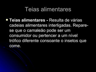 Teias alimentares Teias alimentares -  Resulta de várias cadeias alimentares interligadas. Repare-se que o camaleão pode ser um consumidor ou pertencer a um nível trófico diferente consoante o insetos que come. 