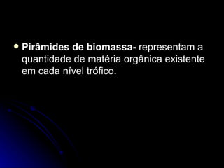 Pirâmides de biomassa-  representam a quantidade de matéria orgânica existente em cada nível trófico.  