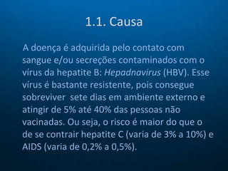 1.1. Causa A doença é adquirida pelo contato com sangue e/ou secreções contaminados com o vírus da hepatite B:  Hepadnavirus  (HBV). Esse vírus é bastante resistente, pois consegue sobreviver  sete dias em ambiente externo e atingir de 5% até 40% das pessoas não vacinadas. Ou seja, o risco é maior do que o de se contrair hepatite C (varia de 3% a 10%) e AIDS (varia de 0,2% a 0,5%). 