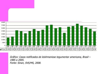 Gráfico: Casos notificados de leishmaniose tegumentar americana, Brasil – 1985 a 2005.  Fonte: Sinan, SVS/MS, 2008.  