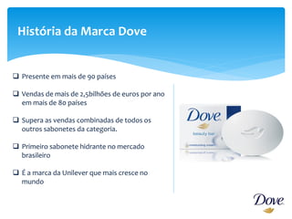 História da Marca Dove
 Presente em mais de 90 países
 Vendas de mais de 2,5bilhões de euros por ano
em mais de 80 países
 Supera as vendas combinadas de todos os
outros sabonetes da categoria.
 Primeiro sabonete hidrante no mercado
brasileiro
 É a marca da Unilever que mais cresce no
mundo
 