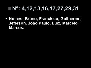 N°: 4,12,13,16,17,27,29,31 Nomes: Bruno, Francisco, Guilherme, Jeferson, João Paulo, Luiz, Marcelo, Marcos. 