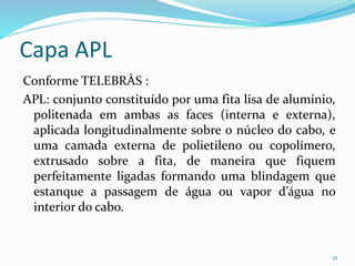 Capa APL
Conforme TELEBRÀS :
APL: conjunto constituído por uma fita lisa de alumínio,
politenada em ambas as faces (interna e externa),
aplicada longitudinalmente sobre o núcleo do cabo, e
uma camada externa de polietileno ou copolímero,
extrusado sobre a fita, de maneira que fiquem
perfeitamente ligadas formando uma blindagem que
estanque a passagem de água ou vapor d’água no
interior do cabo.
12
 
