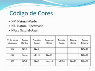 Código de Cores
 NV: Natural-Verde
 NE: Natural-Encarnado
 NAz.: Natural-Azul
N° de pares
do grupo
Coroa
Central
Primeira
Coroa
Segunda
Coroa
Terceira
Coroa
Quarta
Coroa
Coroa
Externa
25 NE-3 NV-9 NAz-13
50 Naz-4 NE-10 NV-16 NAz-20
100 NE-2 NV-8 NAz-14 NE-20 NV-26 NAz-30
17
 