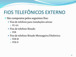FIOS TELEFÔNICOS EXTERNO
 São compostos pelos seguintes fios:
 Fios de telefone para instalações aéreas
 FE-AA
 Fios de telefone Binado
 FEB
 Fios de telefone Binado Mensageiro/Dieletrico
 FEB-M
 FEB-D
28
 