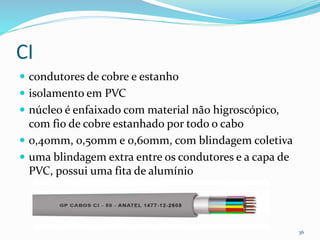 CI
 condutores de cobre e estanho
 isolamento em PVC
 núcleo é enfaixado com material não higroscópico,
com fio de cobre estanhado por todo o cabo
 0,40mm, 0,50mm e 0,60mm, com blindagem coletiva
 uma blindagem extra entre os condutores e a capa de
PVC, possui uma fita de alumínio
36
 