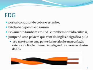FDG
 possui condutor de cobre e estanho,
 bitola de 0,50mm e 0,60mm
 isolamento também em PVC e também torcido entre si,
 jumper é uma palavra que vem do inglês e significa pulo
 seu uso é como uma ponte da instalação entre a fiação
externa e a fiação interna, interligando as mesmas dentro
do DG
39
 