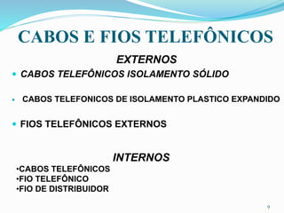 CABOS E FIOS TELEFÔNICOS
EXTERNOS
 CABOS TELEFÔNICOS ISOLAMENTO SÓLIDO
 CABOS TELEFONICOS DE ISOLAMENTO PLASTICO EXPANDIDO
 FIOS TELEFÔNICOS EXTERNOS
INTERNOS
•CABOS TELEFÔNICOS
•FIO TELEFÔNICO
•FIO DE DISTRIBUIDOR
9
 