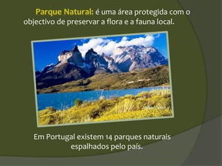 Parque Natural: é uma área protegida com o
objectivo de preservar a flora e a fauna local.
Em Portugal existem 14 parques naturais
espalhados pelo país.
 