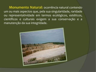Monumento Natural: ocorrência natural contendo
um ou mais aspectos que, pela sua singularidade, raridade
ou representatividade em termos ecológicos, estéticos,
científicos e culturais exigem a sua conservação e a
manutenção da sua integridade.
 