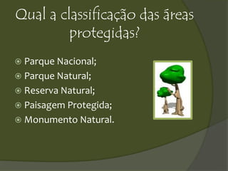Qual a classificação das áreas
protegidas?
 Parque Nacional;
 Parque Natural;
 Reserva Natural;
 Paisagem Protegida;
 Monumento Natural.
 