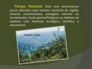 Parque Nacional: Área com ecossistemas
pouco alterados pelo homem, amostras de regiões
naturais características, paisagens naturais ou
humanizadas, locais geomorfológicos ou habitats de
espécies com interesse ecológico, científico e
educacional.
Peneda - Gerês
 