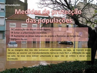● Inundações




    Construção de diques e barragens;
     Evitar a urbanização excessiva;
     Aumentar as áreas naturais de prado e florestas ao longo das
    margens do rio;


  Se as margens dos rios não estiverem urbanizadas, ou seja, se tiverem áreas
 naturais, ao ocorrer um transbordamento torna-se mais fácil a infiltração da água
 no solo. Se essa área estiver urbanizada a água não se infiltra e dá-se uma
 inundação.
 