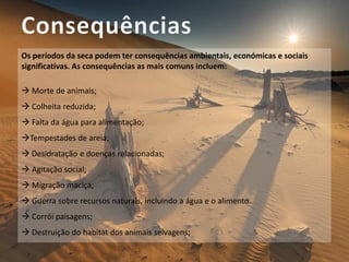 Os períodos da seca podem ter consequências ambientais, económicas e sociais
significativas. As consequências as mais comuns incluem:

 Morte de animais;
 Colheita reduzida;
 Falta da água para alimentação;
Tempestades de areia;
 Desidratação e doenças relacionadas;
 Agitação social;
 Migração maciça;
 Guerra sobre recursos naturais, incluindo a água e o alimento.
 Corrói paisagens;
 Destruição do habitat dos animais selvagens;
 