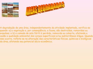 A degradação de uma área, independentemente da atividade implantada, verifica-se
quando: a) a vegetação e, por conseqüência, a fauna, são destruídas, removidas ou
expulsas; e b) a camada de solo fértil é perdida, removida ou coberta, afetando a
vazão e qualidade ambiental dos corpos superficiais e/ou subterrâneos d’água. Quando
isso ocorre, reflete-se na alteração das características físicas, químicas e biológicas
da área, afetando seu potencial sócio-econômico.
 