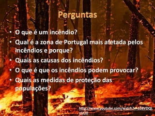 • O que é um incêndio?
• Qual é a zona de Portugal mais afetada pelos
incêndios e porque?
• Quais as causas dos incêndios?
• O que é que os incêndios podem provocar?
• Quais as medidas de proteção das
populações?
http://www.youtube.com/watch?v=a58VDQL
vUO0