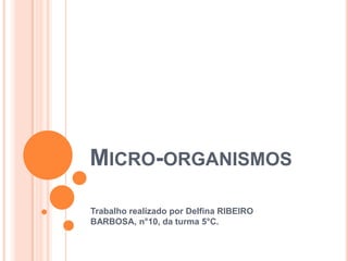 MICRO-ORGANISMOS

Trabalho realizado por Delfina RIBEIRO
BARBOSA, n°10, da turma 5°C.
 