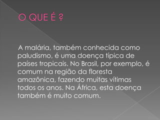 A malária, também conhecida como
paludismo, é uma doença típica de
países tropicais. No Brasil, por exemplo, é
comum na região da floresta
amazônica, fazendo muitas vítimas
todos os anos. Na África, esta doença
também é muito comum.
 