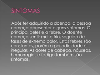 Após ter adquirido a doença, a pessoa
começa apresentar alguns sintomas. O
principal deles é a febre. O doente
começa sentir muito frio, seguido de
fases de extremo calor. Estas febres são
constantes, porém a periodicidade é
irregular. As dores de cabeça, náuseas,
hemorragias e fadiga também são
sintomas.
 