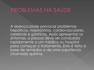 A doença pode provocar problemas
hepáticos, respiratórios, cardiovasculares,
cerebrais e gástricos. Após apresentar os
sintomas, a pessoa deve ser conduzida
rapidamente a um médico ou hospital
para começar o tratamento. Este é feito a
base de remédios e de uma substância
chamada quinina.
 