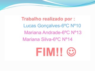 Trabalho realizado por :
Lucas Gonçalves-6ºC Nº10
Mariana Andrade-6ºC Nº13
Mariana Silva-6ºC Nº14
FIM!! 
 