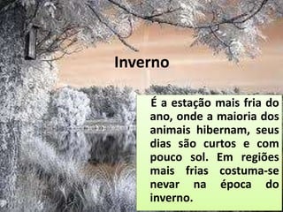 Inverno
É a estação mais fria do
ano, onde a maioria dos
animais hibernam, seus
dias são curtos e com
pouco sol. Em regiões
mais frias costuma-se
nevar na época do
inverno.
 