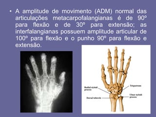 A amplitude de movimento (ADM) normal das articulações metacarpofalangianas é de 90º para flexão e de 30º para extensão; as interfalangianas possuem amplitude articular de 100º para flexão e o punho 90º para flexão e extensão. 