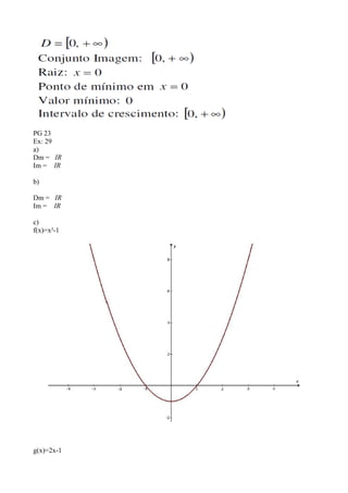 PG 23
Ex: 29
a)
Dm = IR
Im = IR
b)
Dm = IR
Im = IR
c)
f(x)=x²-1
g(x)=2x-1
 
