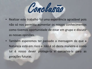 Conclusão
• Realizar este trabalho foi uma experiência agradável pois

não só nos permitiu aumentar os nossos conhecimentos
como tivemos oportunidade de estar em grupo e discutir
as nossas opiniões.

• Também esperemos ter passado a mensagem de que a
Natureza está em risco e não é só desta maneira e como
tal é nosso dever protege-la e conserva-la para as

gerações futuras.

 
