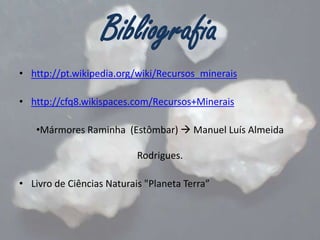Bibliografia
• http://pt.wikipedia.org/wiki/Recursos_minerais
• http://cfq8.wikispaces.com/Recursos+Minerais
•Mármores Raminha (Estômbar)  Manuel Luís Almeida
Rodrigues.
• Livro de Ciências Naturais "Planeta Terra”

 